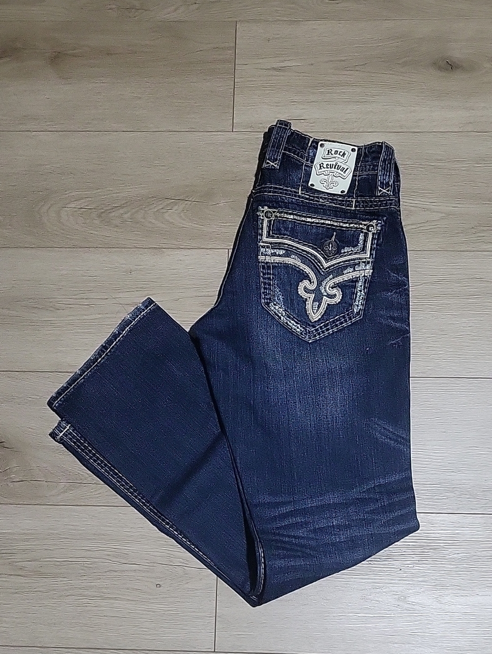 Rock Revival Dark Blue Bootcut Jeans with Embroidered Back Pockets